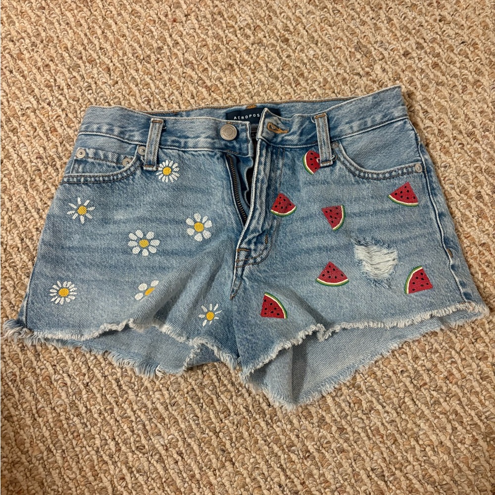 Aeropostale Light Blue Denim Shorts with Watermelon and Daisy Embroidery